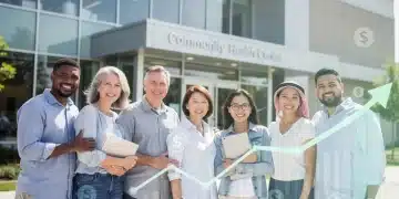 Diverse group benefiting from ACA subsidies, smiling in front of a healthcare facility.