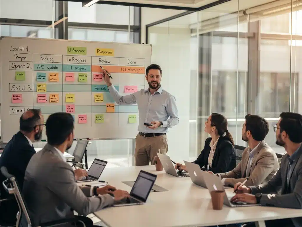 Project manager leading a team meeting, discussing agile methodologies