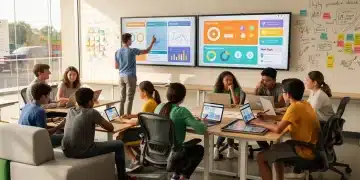 Students collaborating in a dynamic, technology-rich alternative learning environment in the US.