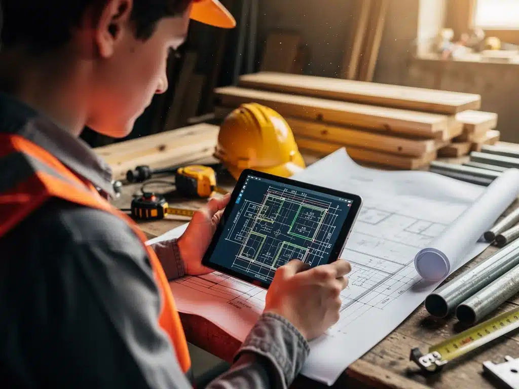 Apprentice studying technical blueprints on a tablet, focusing on design details.