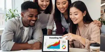 Beginners happily exploring investment platforms on a tablet with a $500 initial investment.
