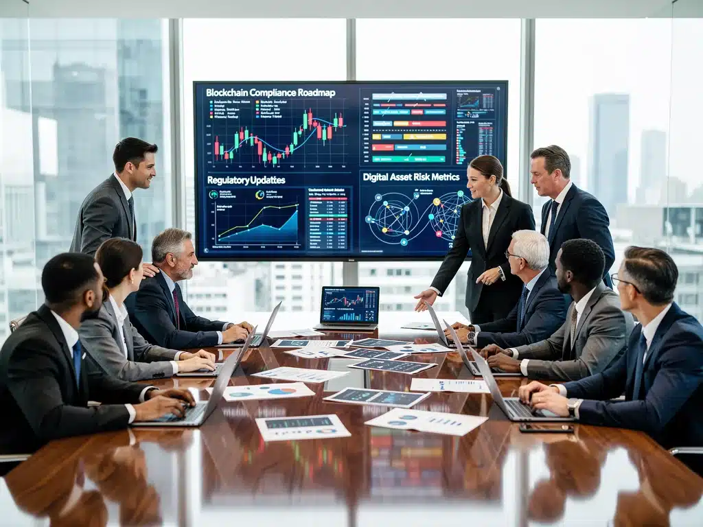 Financial professionals discussing blockchain regulations in a boardroom.