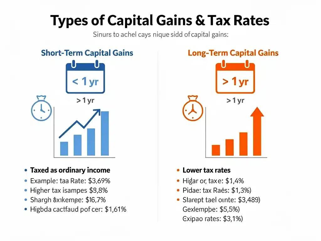 Infographic showing short-term and long-term capital gains tax rates and differences.