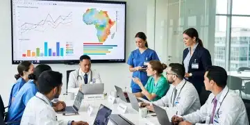 Healthcare professionals collaborating on public health strategies in a modern conference room.