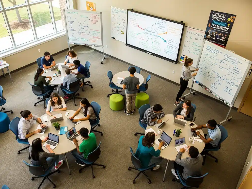 High school students engaged in collaborative group work and critical thinking.