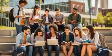 Diverse college students studying with textbooks and laptops on a university campus.