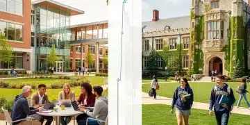 Split image comparing community college and four-year university campuses for US students.