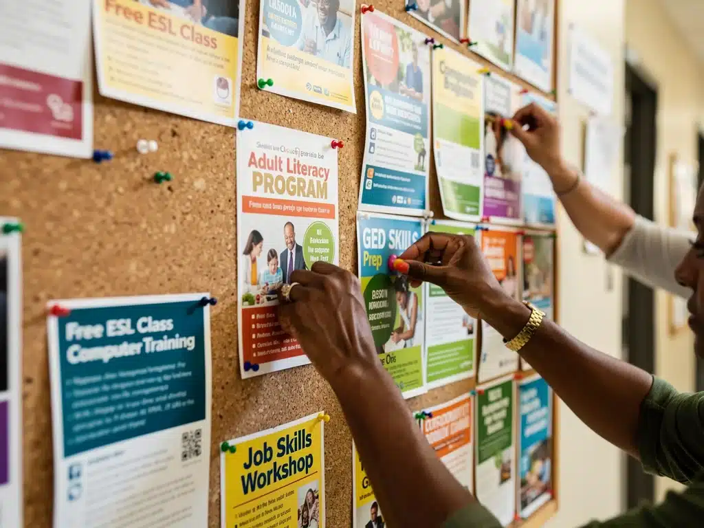Community center bulletin board with flyers for adult education programs.