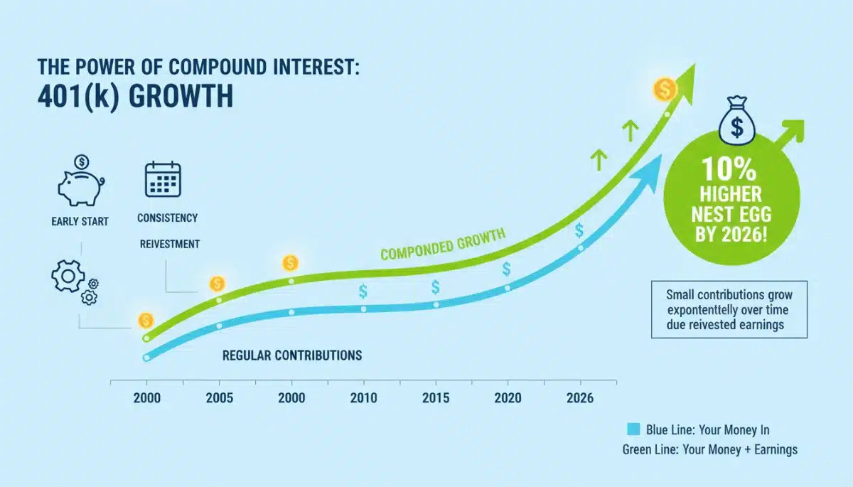 Infographic illustrating compound interest growth in 401(k) over years.