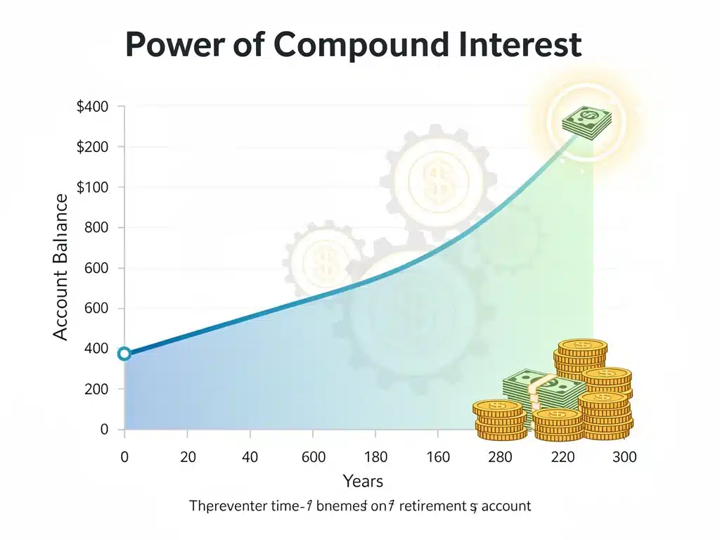 Compound interest growth in a 401(k) retirement account.