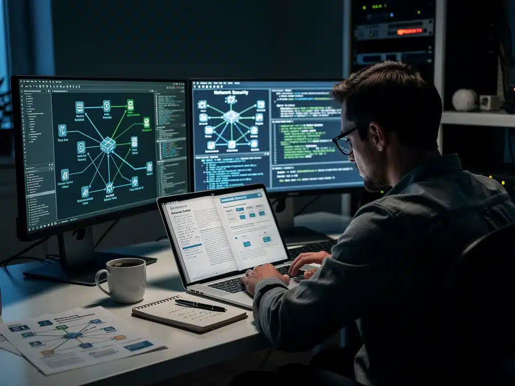 Individual studying for cybersecurity certification on a laptop