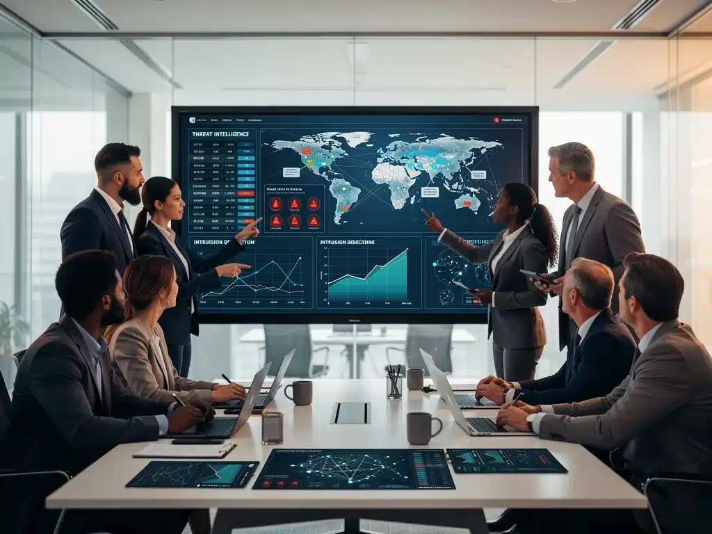 Team of cybersecurity professionals analyzing threat intelligence on a large screen.