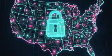 Illustration of cybersecurity threats impacting the US, with glowing data lines and a digital lock.