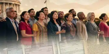 Diverse individuals symbolizing immigration, with US flag and documents