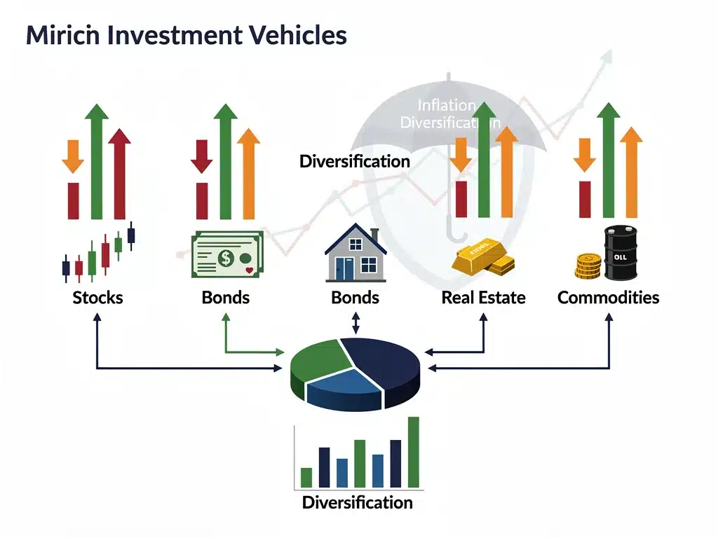 Diversified investment portfolio graphic with stocks, bonds, real estate, and commodities, representing strategies to counter the 2026 inflation outlook.