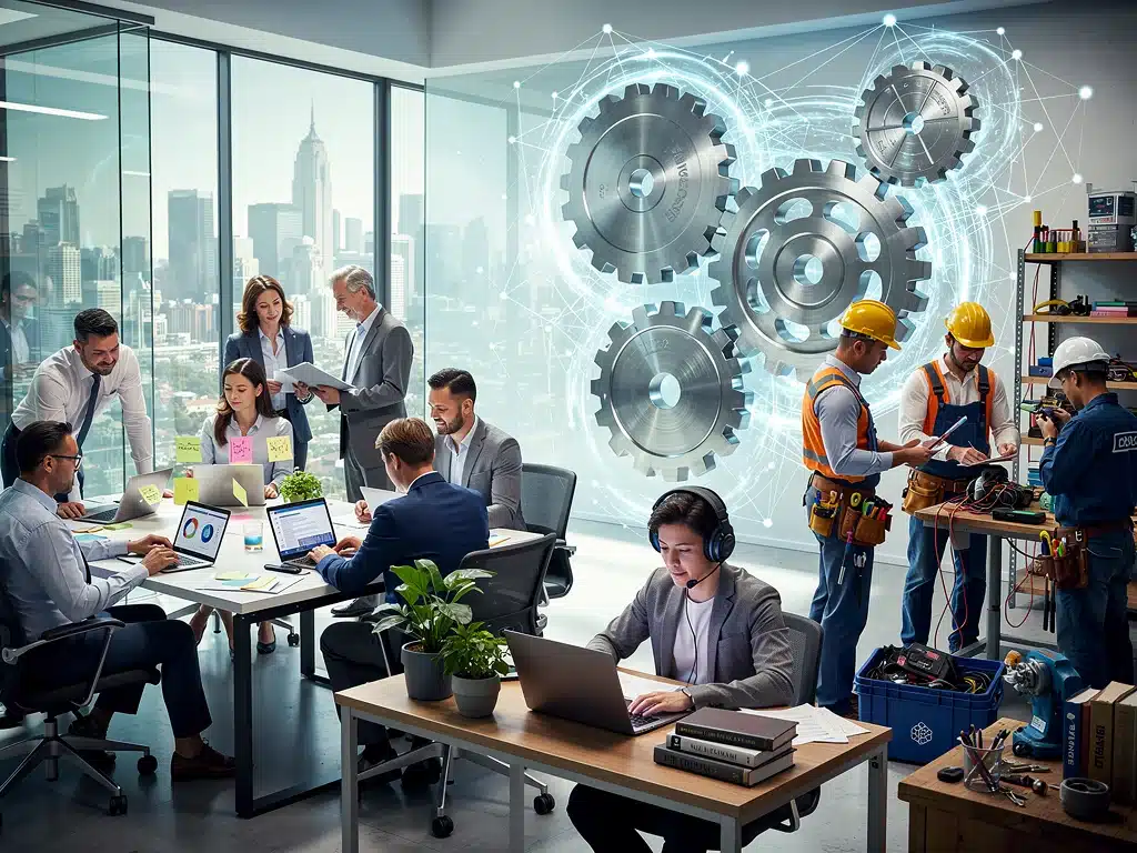 Diverse group of individuals working in various settings, representing the dynamic job market.
