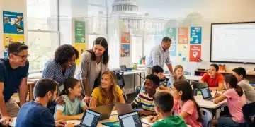 Students and teachers in a modern classroom benefiting from federal education grants