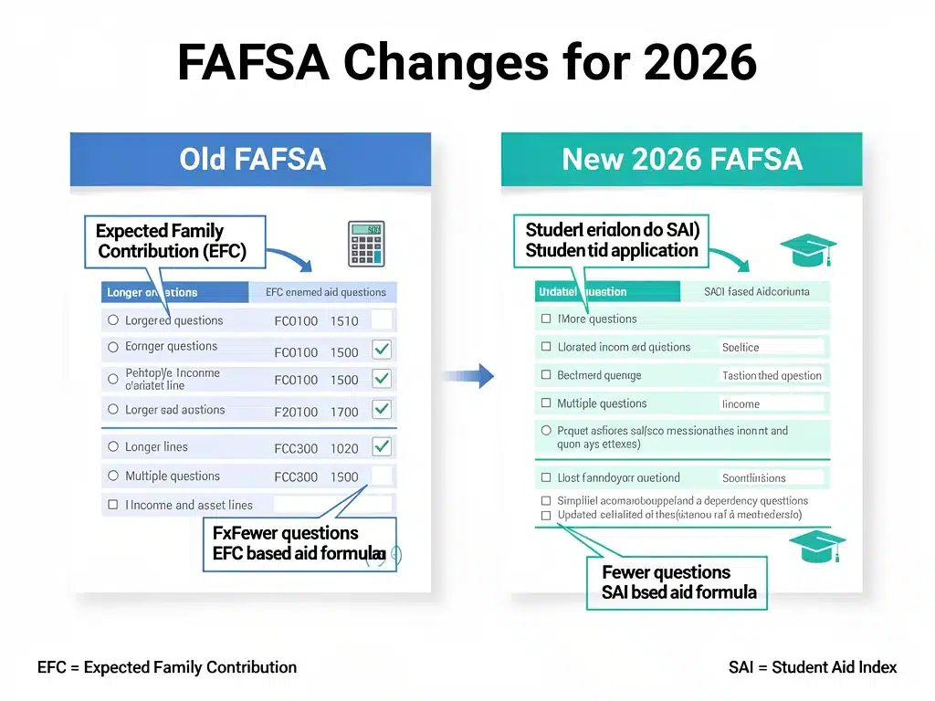 Infographic comparing old FAFSA to new 2026 FAFSA changes, highlighting key differences.