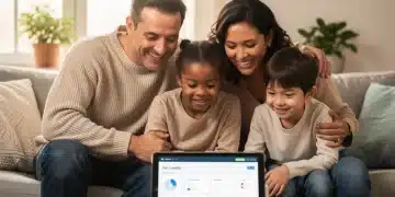 Family reviewing tax documents on a tablet, smiling, representing financial planning and EITC benefits