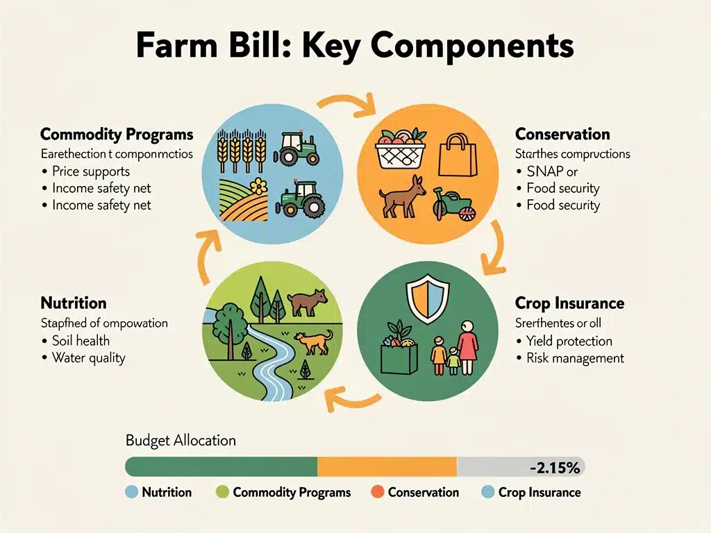 Infographic showing Farm Bill components: commodity, conservation, nutrition, crop insurance.
