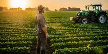 Farmer overlooking healthy crops with modern tractor, symbolizing agricultural policy impact.