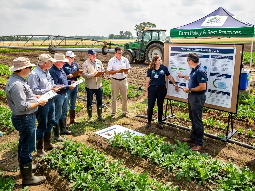 Farmers discussing new agricultural policies with extension agents.