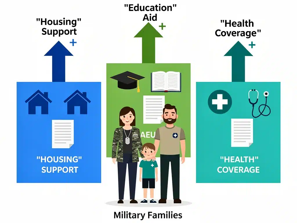 Infographic showing financial aid categories for military families, highlighting educational and housing support.