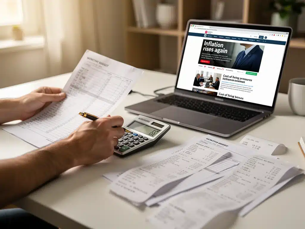 Person planning finances with calculator and economic news