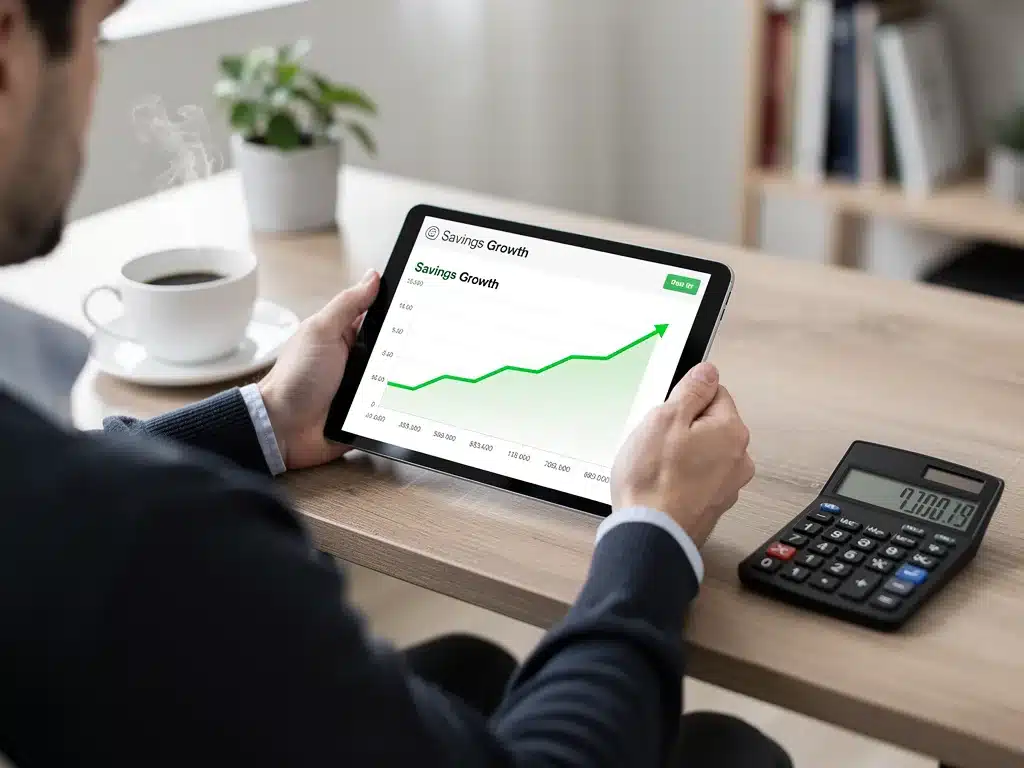 Person reviewing high-yield savings account statement on tablet