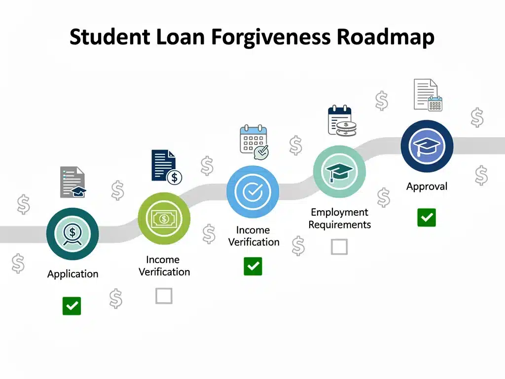 Illustrated roadmap showing steps and requirements for student loan forgiveness eligibility.