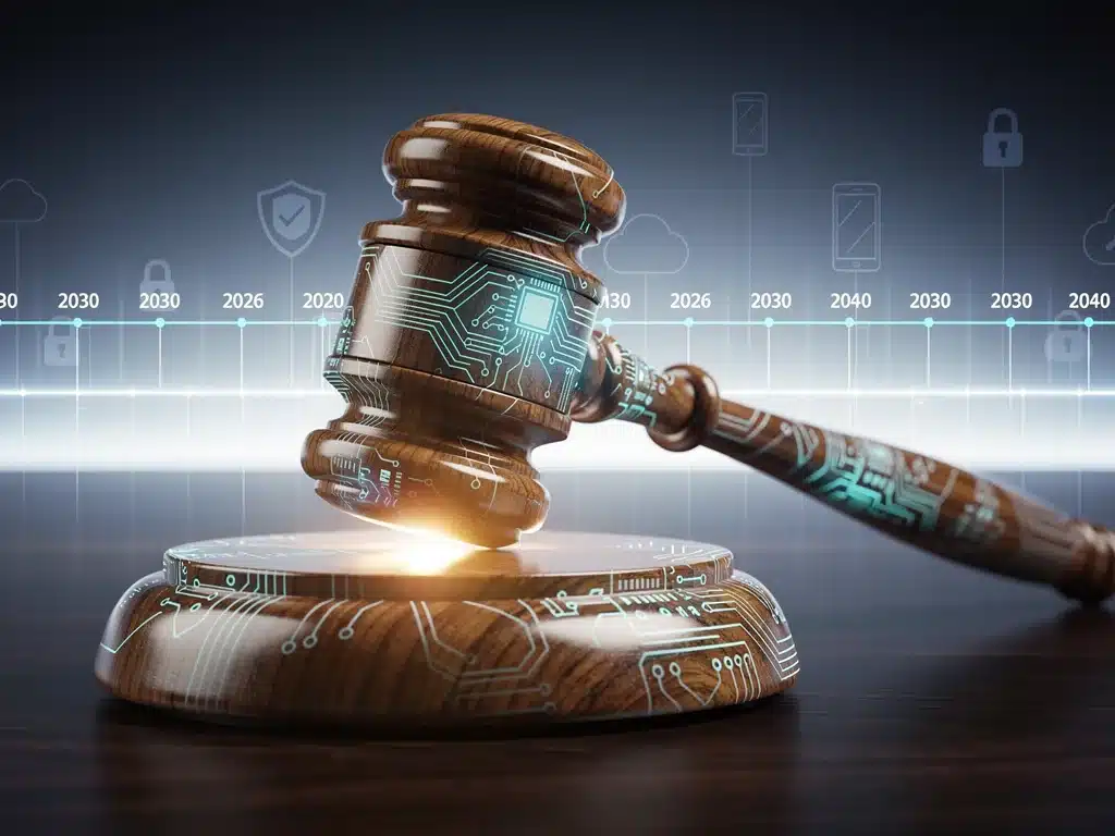 Gavel striking with circuit board overlay and future timeline, symbolizing legal impact on technology.