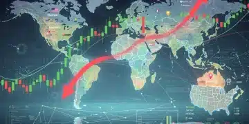 Global map with financial charts showing geopolitical impact on US stock market volatility.