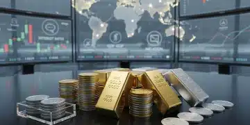 Gold and precious metals bars with financial charts in background