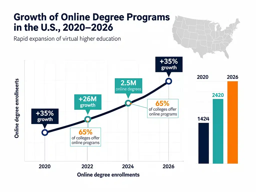 Infographic showing the upward trend and growth of online degree programs in the United States.