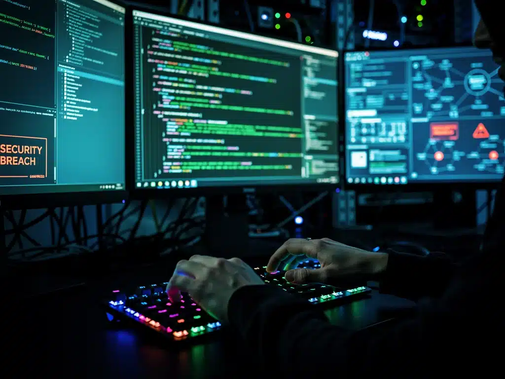 Hacker typing on a keyboard with complex code on multiple screens, representing a data breach.