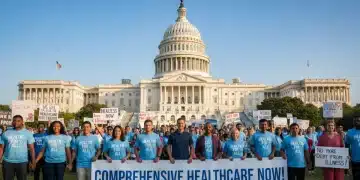 Diverse group advocating for healthcare reform outside the US Capitol