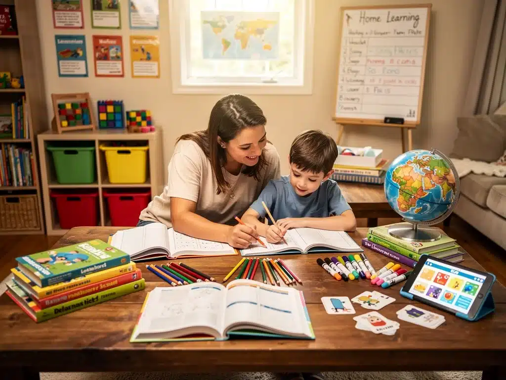 Parent and child learning together in a homeschooling environment.