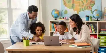 Family homeschooling together at a table with books and a laptop, symbolizing US education.