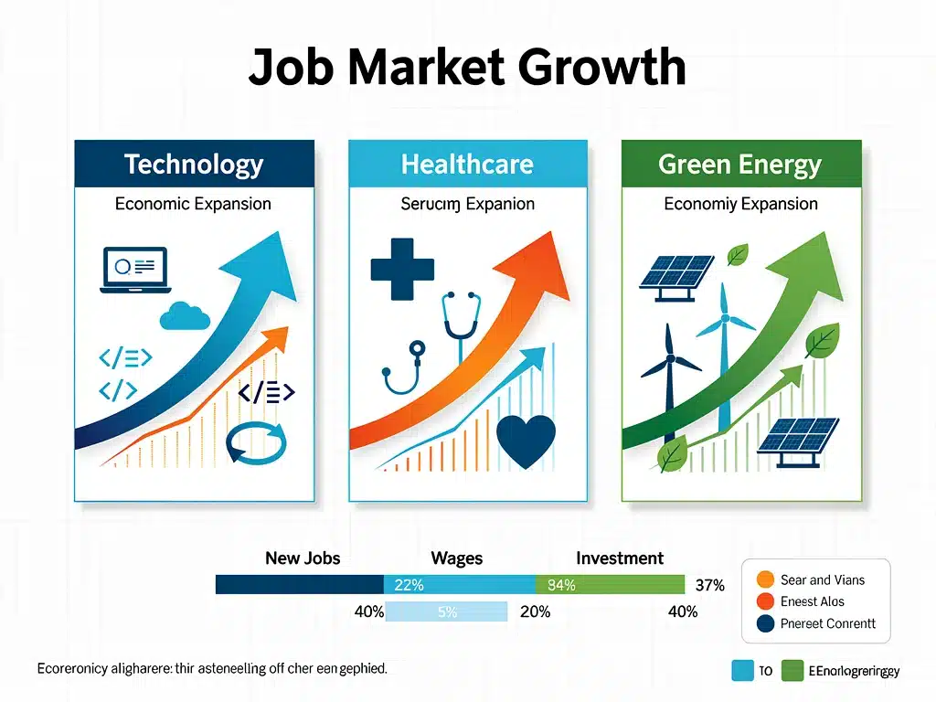 Infographic depicting growth in technology, healthcare, and green energy sectors within the 2026 job market.