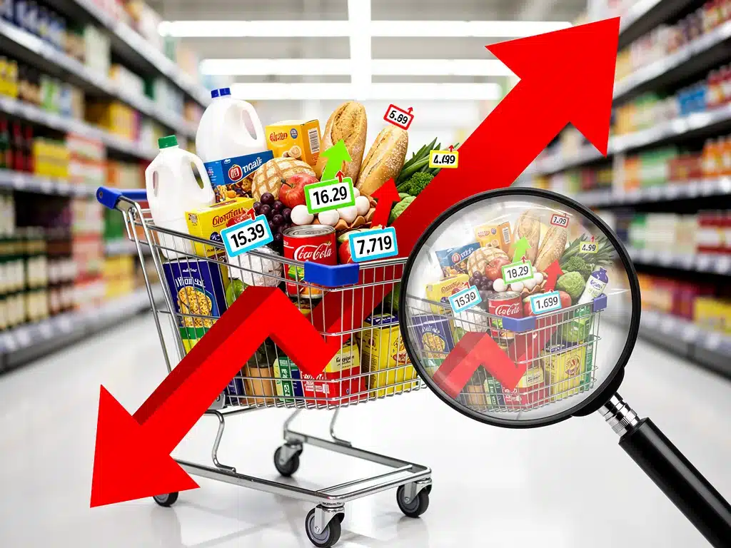 Shopping cart with rising prices and upward arrow, symbolizing inflation, in a grocery store.