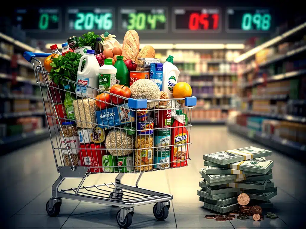 Shopping cart with groceries and less money, symbolizing inflation's effect on purchasing power