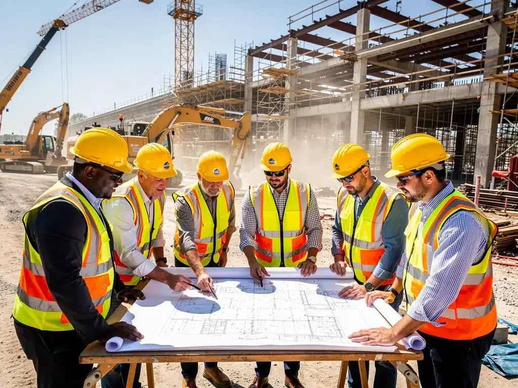 Construction workers and engineers on a site, illustrating job creation from infrastructure investment.