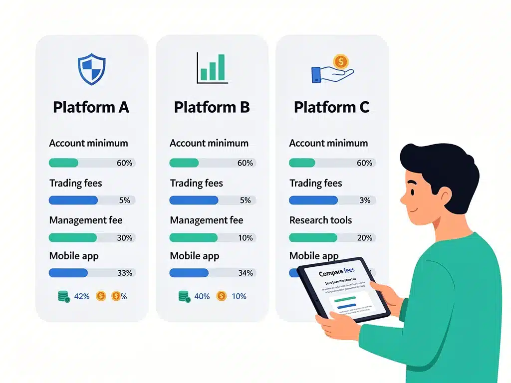 Infographic comparing features and fees of various investment platforms for beginners.