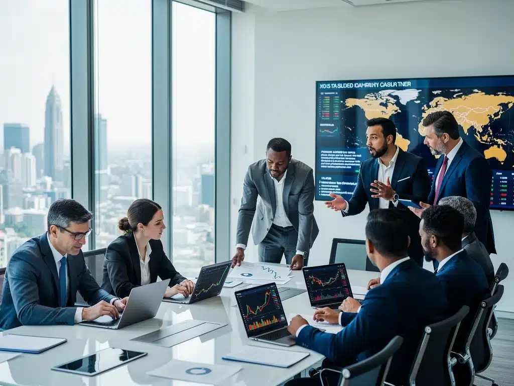 Investors analyzing market data and discussing strategies amidst geopolitical uncertainties.