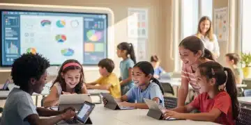 Diverse K-12 students learning with modern technology, supported by a parent.
