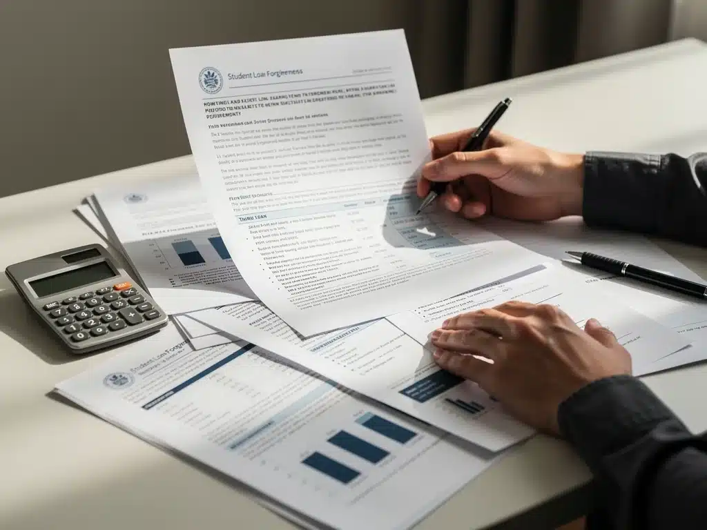 Person reviewing student loan forgiveness documents and financial calculations.