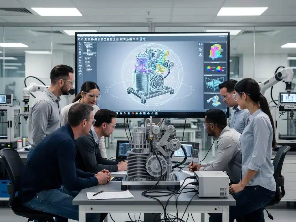 Engineers developing new technologies in a manufacturing R&D lab.