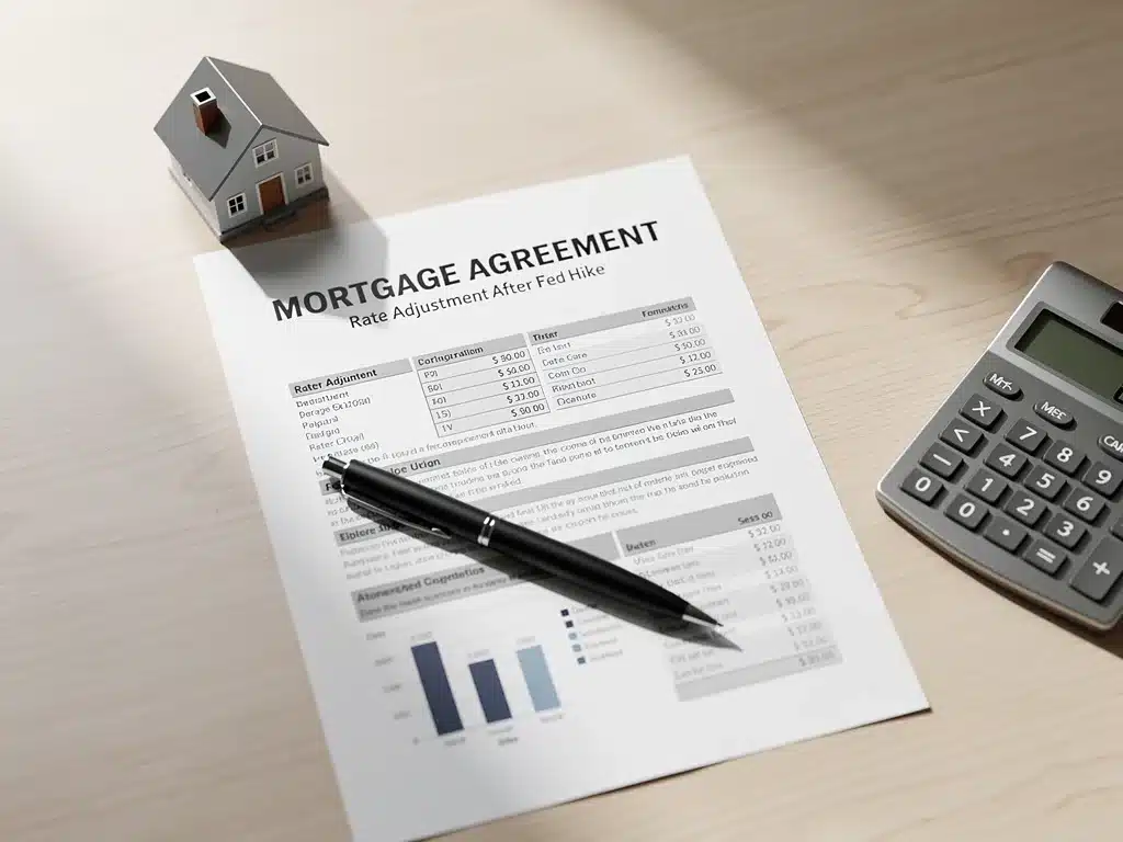 Mortgage documents and calculator after interest rate increase