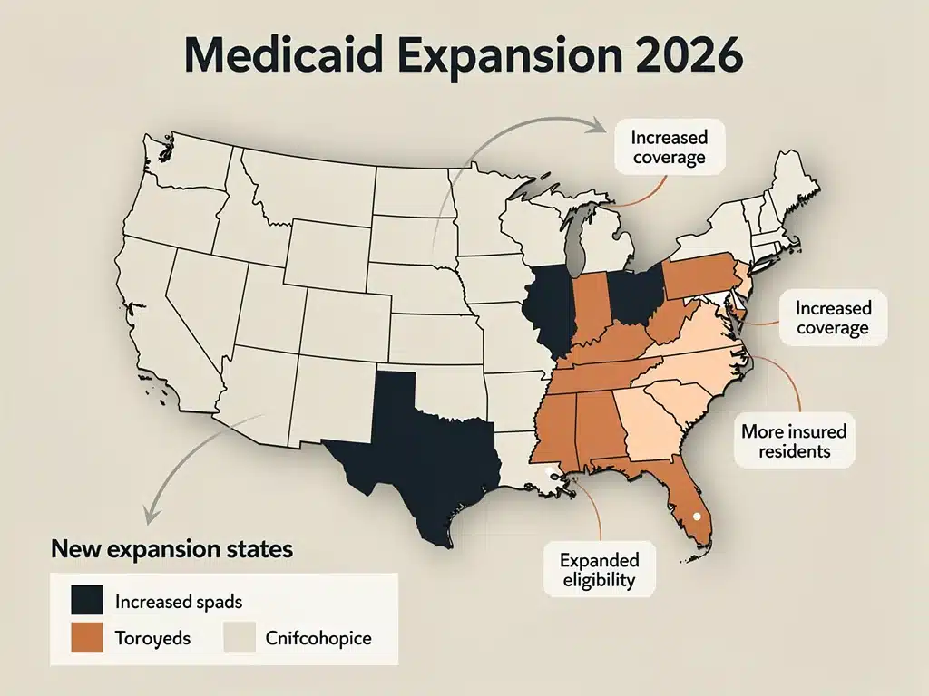 Map highlighting new states participating in Medicaid Expansion 2026.