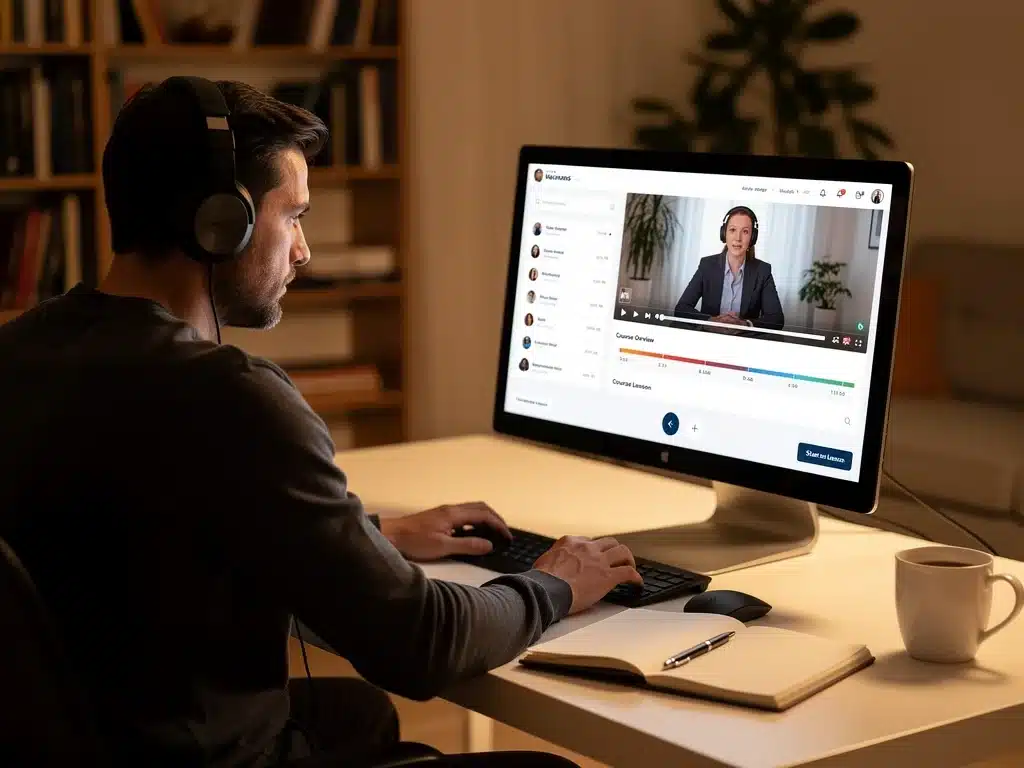 Adult engaged in online learning on a computer with headphones.
